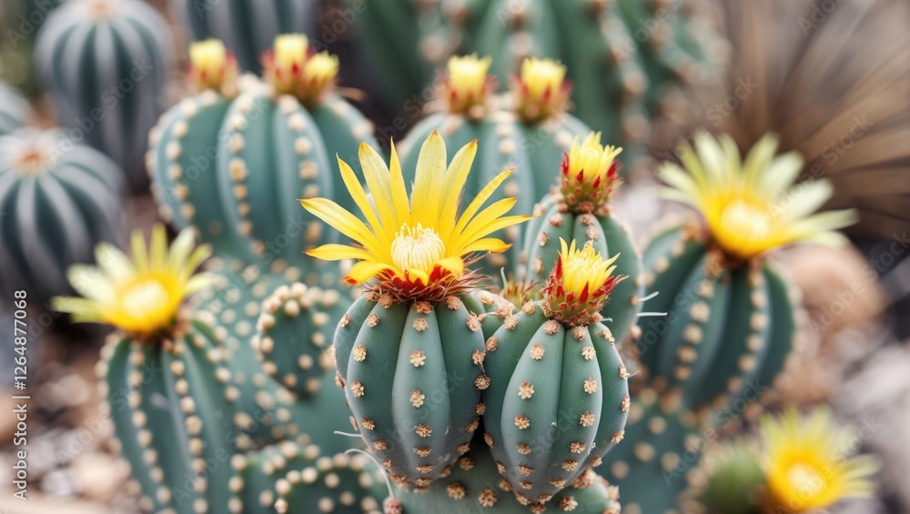 Poster cacti with yellow flowers in a garden setting showcasing unique textures and shapes copy space.