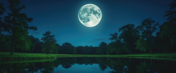 Fototapeta premium Moonlit landscape reflecting on still water with trees under a starry night sky Copy Space
