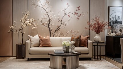 Stylish composition of modern minimalist living room interior. Beige sofa, metal side table and personal accessories. Creative wallpaper. Home staging. Template. Copy space. 