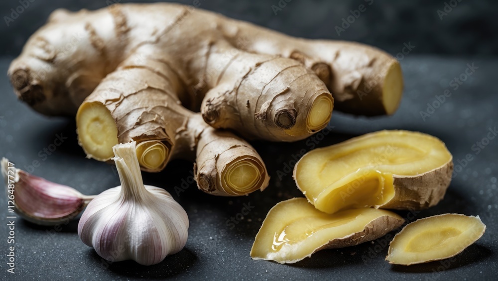 Aufkleber fresh ginger root slices and garlic cloves on dark background with copy space for text placement.