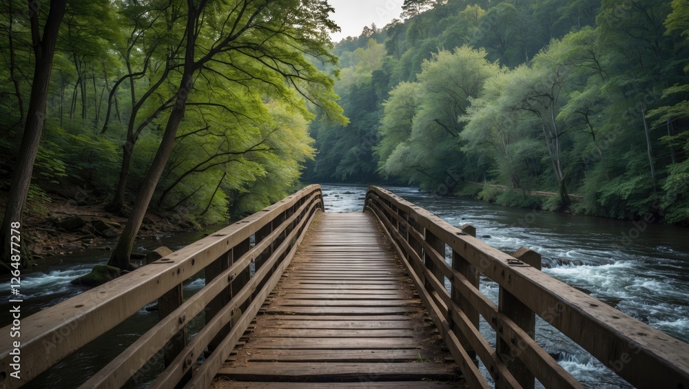 Poster wooden bridge over a river surrounded by lush green trees in a tranquil forest setting with copy spa