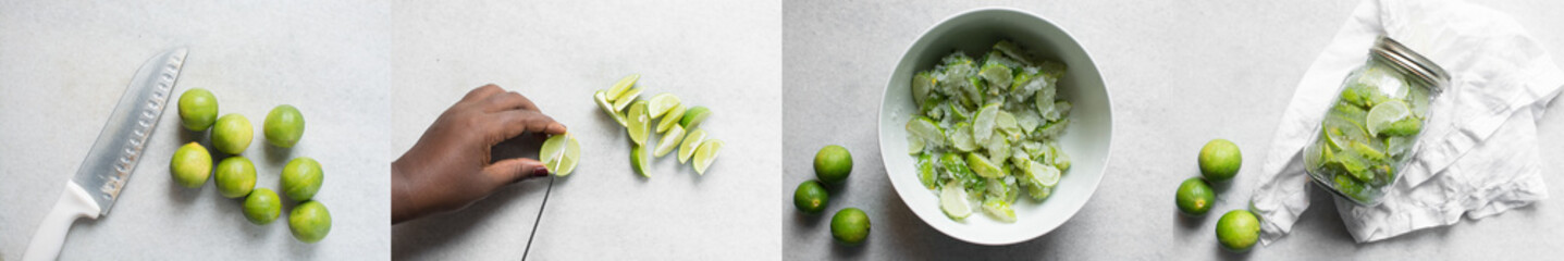 overhead view of the process of making lime cheong, pictorial illustrating how to make lime cheong