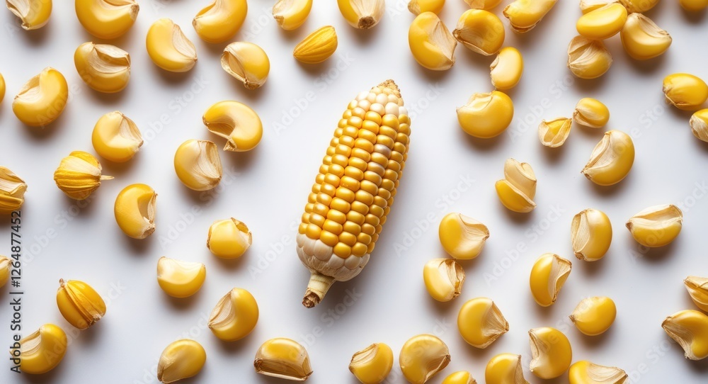 Poster yellow corn cob surrounded by corn kernels on a white background with ample space for text copy spac