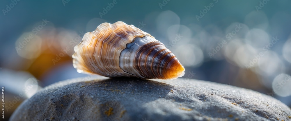 Aufkleber close-up of a striped seashell resting on a smooth stone with a blurred coastal background copy spac