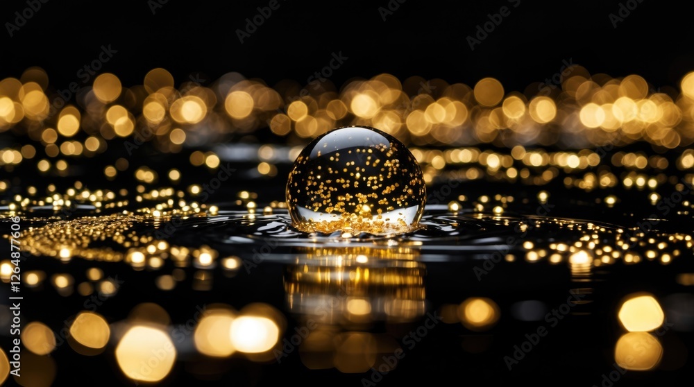 Poster water droplet reflection with golden bokeh lights on a dark background creating a dreamy and abstrac