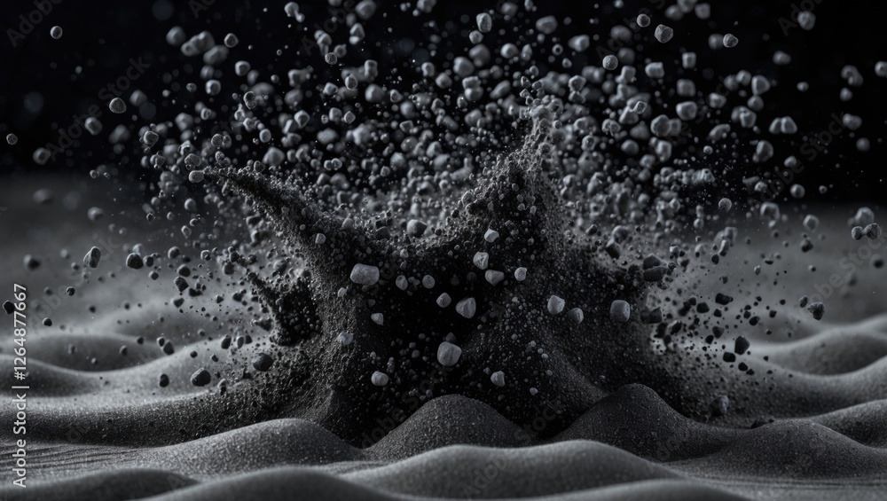 Aufkleber black sand splashing and creating particles in the air against a dark background with textured surfa