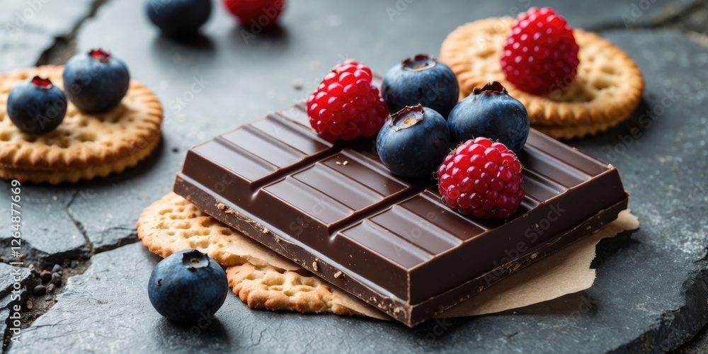 Aufkleber chocolate bar with raspberries and blueberries on crackers arranged on a stone surface with natural 