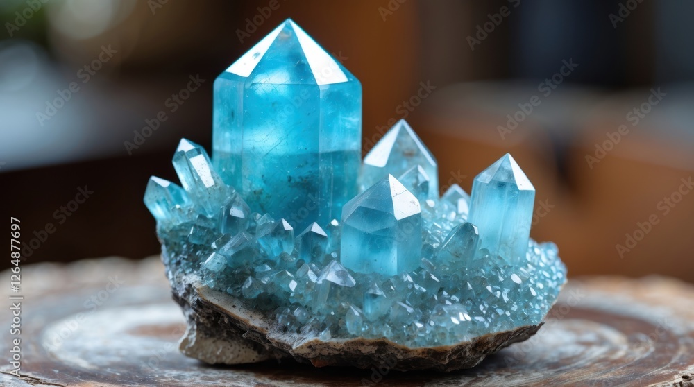 Aufkleber blue crystal cluster with multiple pointed formations and intricate details on a natural surface, co