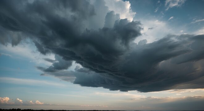 Dramatic cloud formation in the sky with a mix of dark and light clouds and blue tones suitable for text overlay Copy Space