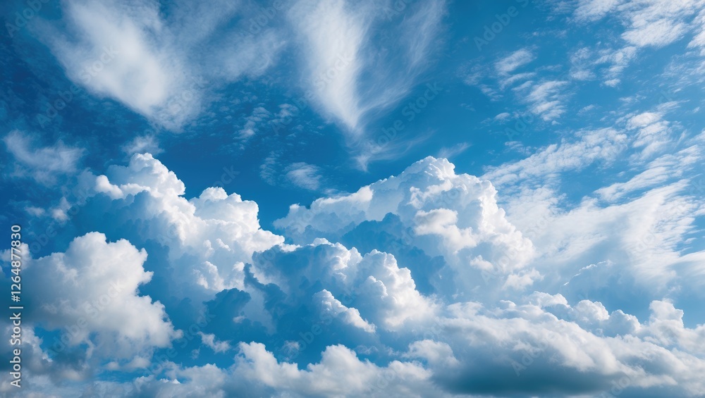 Poster fluffy white clouds against a bright blue sky with wispy clouds and open space for text. copy space.