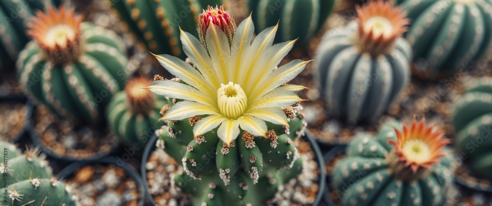 Poster blooming cactus flower in a collection of cacti with various shapes and colors viewed from above wit