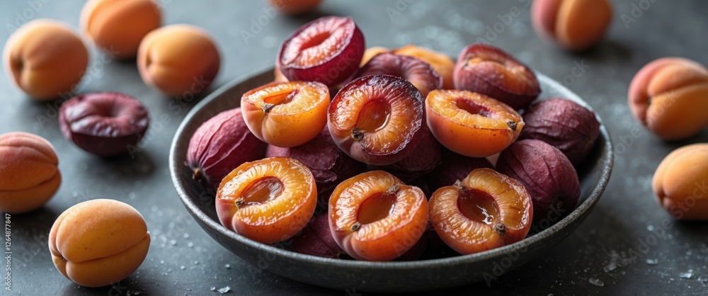 Poster fresh ripe plums and apricots arranged in a dark bowl with additional fruits scattered on a textured