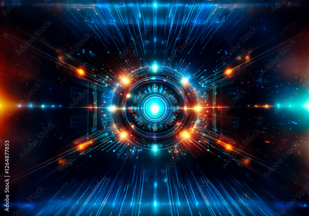 Poster abstract digital image featuring a central glowing circle with radiating lines and beams of blue and