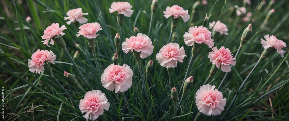 Poster pink carnations blooming in a lush green garden with soft focus background and ample copy space for 