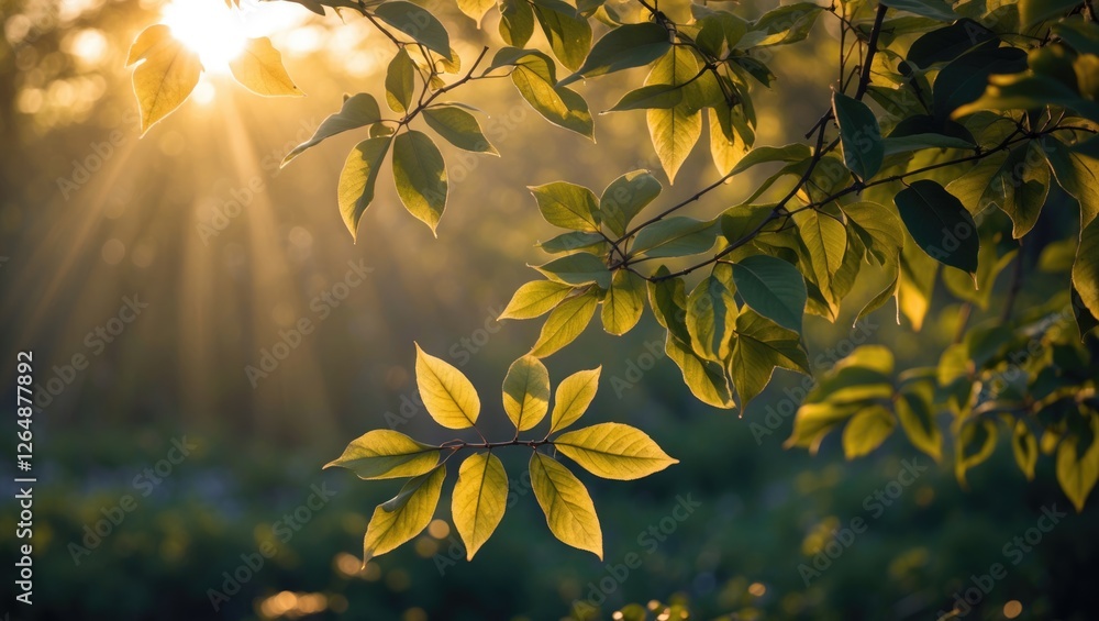 Poster sunlight filtering through green leaves on tree branches in natural outdoor setting with soft focus 