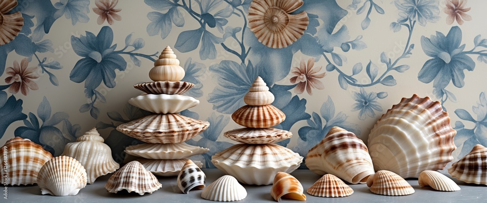 Poster colorful sea shells arranged artistically on a table with floral wallpaper in the background showcas