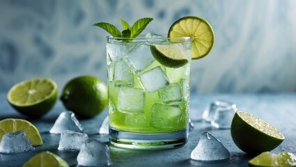 Refreshing green cocktail with ice cubes mint leaves and lime slices on a blue surface with copy space for text