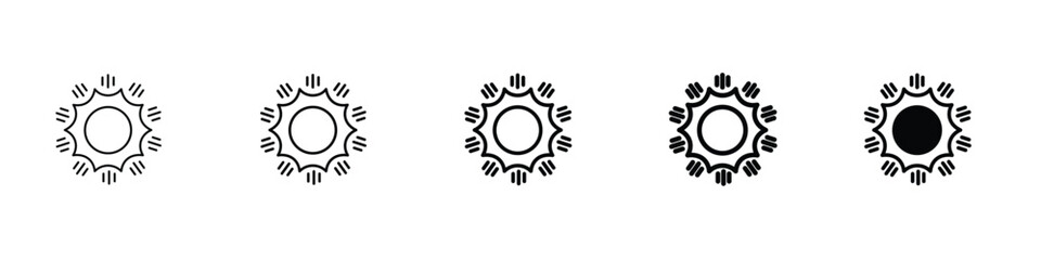 Set of 5 pixel perfect Sun icon with 1 unexpanded, 1 silhouette, Sun icon symbolizing brightness, energy and warmth, perfect for weather, summer and nature-related designs