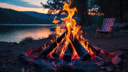 Campsite bonfire during sunset by a serene lake with red striped deck chair and copy space for text