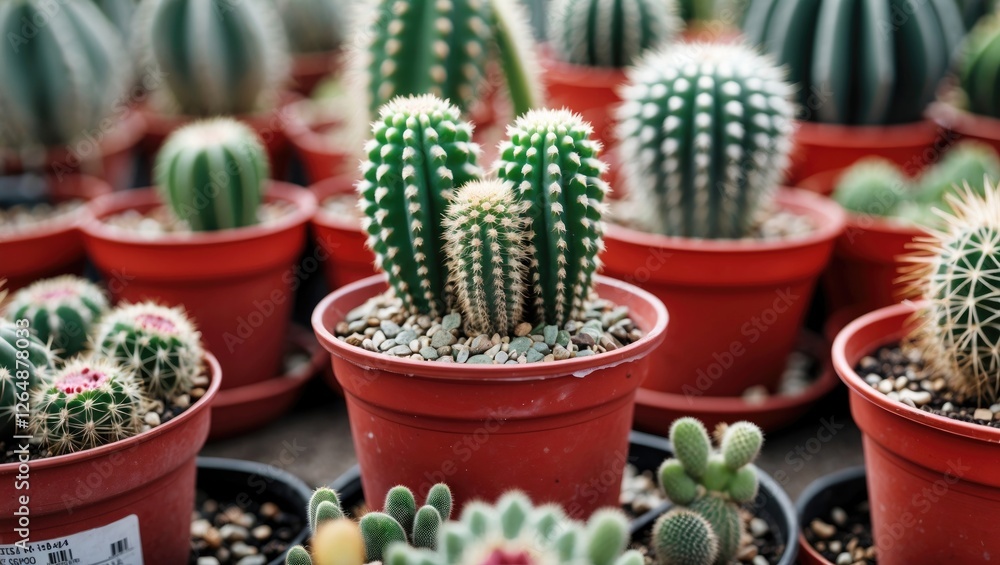 Poster cacti in red pots with gravel in a greenhouse setting featuring assorted varieties and textures copy
