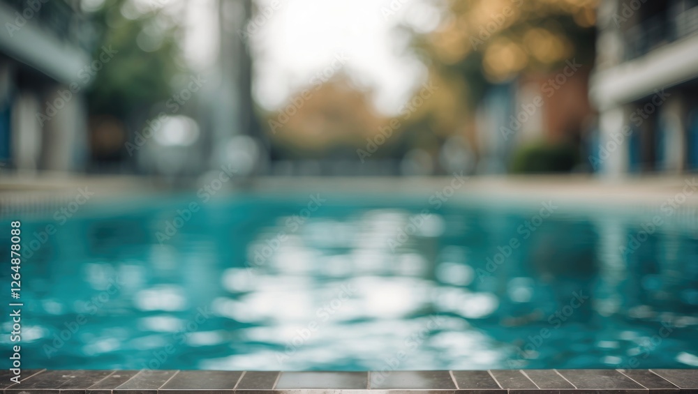 Poster blurred view of swimming pool water surface with tiled edge and soft focus background of surrounding