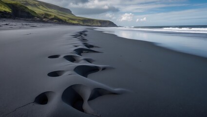 Black sand beach with unique puddle formations and grassy cliffs under a bright sky Copy Space