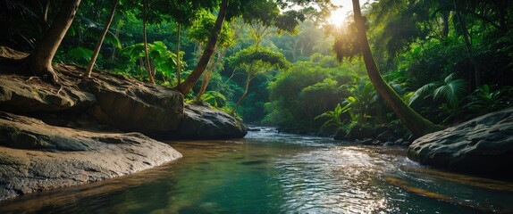Tropical rainforest landscape with serene river flowing through lush greenery and sunlight filtering through trees at dawn Copy Space