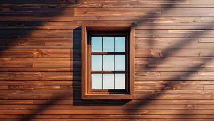 Wooden wall with a square framed window overlooking a clear sky casting shadows on the surface