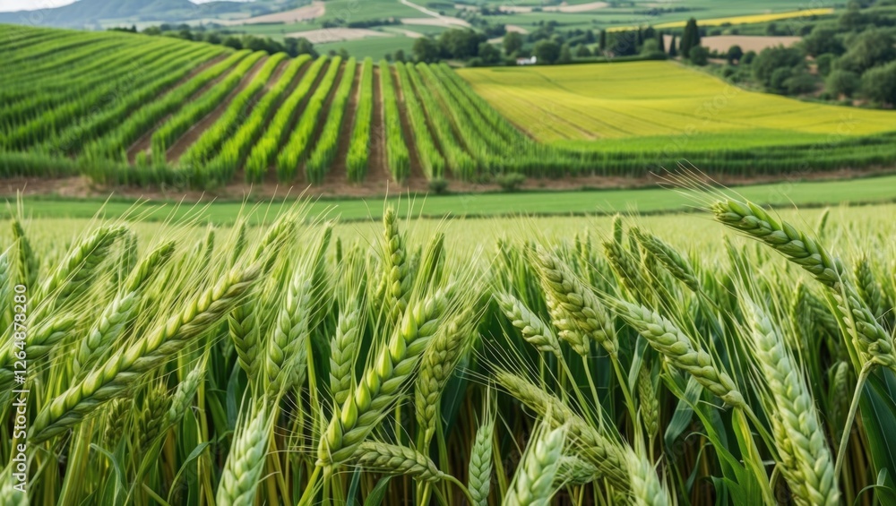 Poster wheat field in landscape with green rows in background under clear sky agricultural scenery with cop