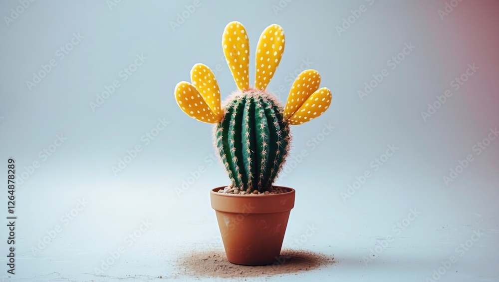 Poster colorful cactus with yellow polka-dotted pads in a pot on a gradient background with copy space