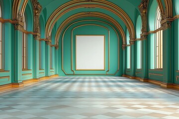 Fototapeta premium Elegant palace interior mockup with high arched windows, turquoise walls, golden decorative elements, and a large blank frame on the wall, illuminated by natural light
