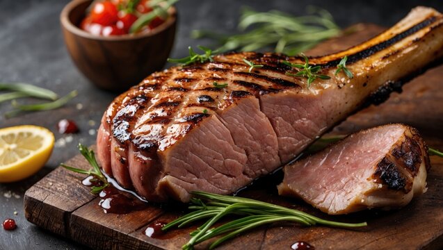 Grilled meat on a wooden cutting board with herbs and fresh tomato garnish with lemon slice and copy space for text
