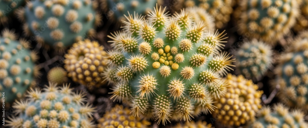 Poster close-up view of various cactus species with spines and textured surface in natural setting copy spa