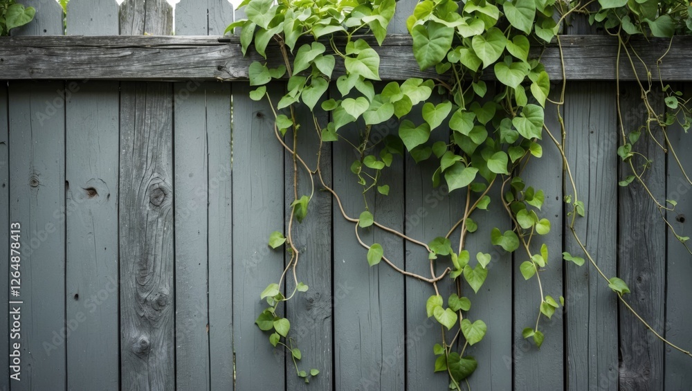 Poster green ivy climbing on weathered wooden fence with textured surface and ample copy space for text pla