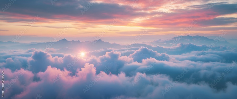 Poster sunset over mountain landscape with colorful clouds illuminated by soft sunlight and layers of misty