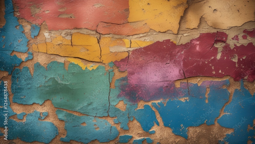 Poster abstract colorful peeling paint texture background with multiple layers of cracked paint on wall sur