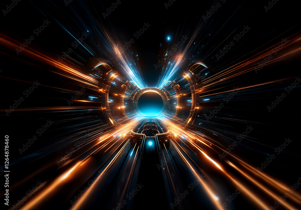 Poster Abstract image featuring dynamic streaks of blue and orange light converging towards a central point against a dark backdrop, creating a tunnel or portal effect.