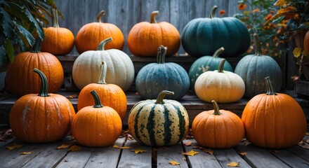 Assorted pumpkins in various colors and sizes arranged on wooden steps with autumn leaves on the ground Copy Space