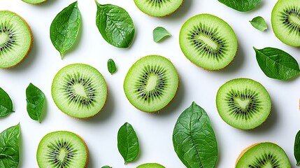 Fototapeta premium Kiwi slices and leaves flat lay. Food background