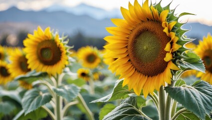 Fototapeta premium Close-up of vibrant sunflowers in a field during golden hour with mountains in the background and soft focus on surrounding flowers Copy Space