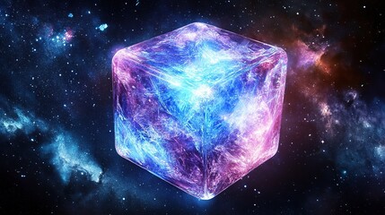 Obraz premium Glowing cosmic cube floats in nebula, space backdrop, science fiction