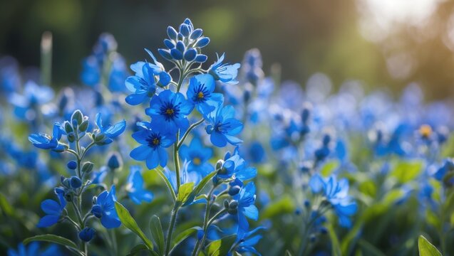 Blue wildflowers in a lush green field with sunlight creating a soft bokeh background Copy Space