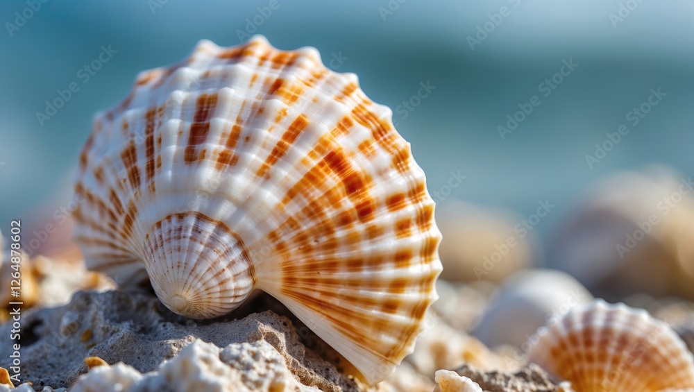 Poster close-up of a scallop shell on sandy beach with blurred ocean background and other shells in soft fo