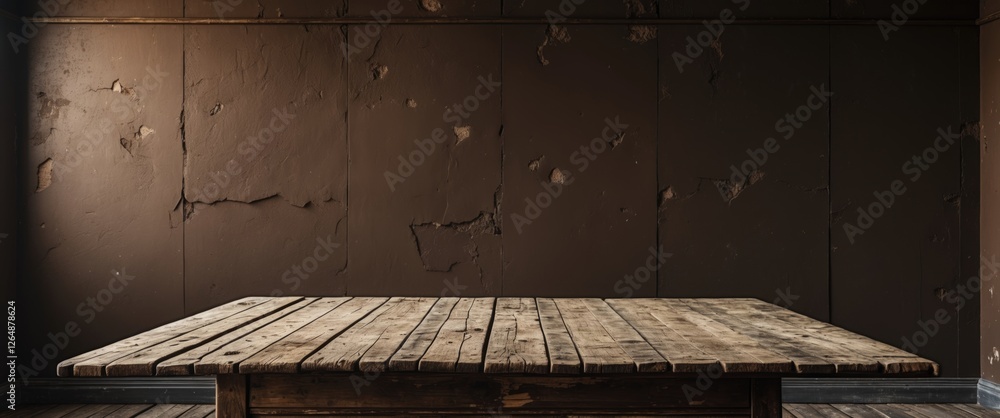 Poster empty wooden table in front of cracked dark wall with natural light creating a warm atmosphere and a