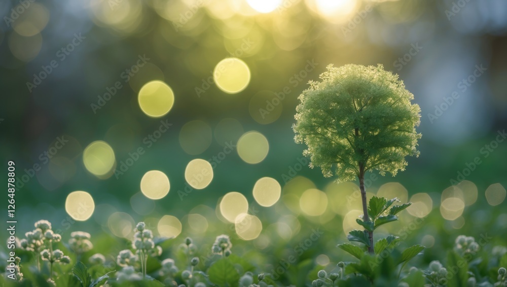 Poster close-up of small green tree on a field with blurred bokeh lights in the background showcasing natur