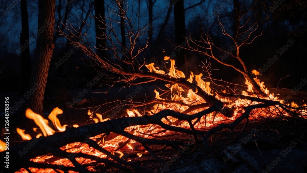 Poster fire burning on fallen branches in a forest during dusk with dark trees in the background and intens