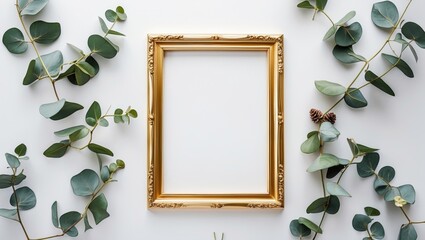 Gold ornate picture frame surrounded by eucalyptus leaves on a white background with ample copy space for text