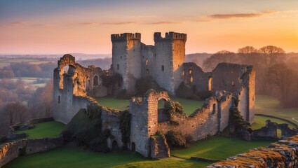 Fototapeta premium Historic English castle ruins at sunset surrounded by lush green landscape and trees with soft light in the sky Copy Space