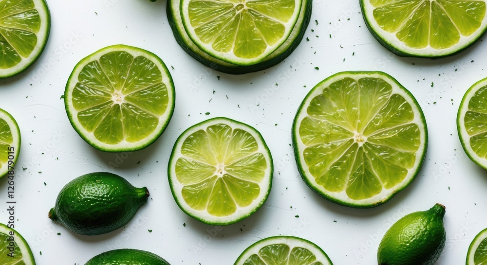 Poster fresh sliced limes and whole limes arranged on a white background with scattered lime zest copy spac