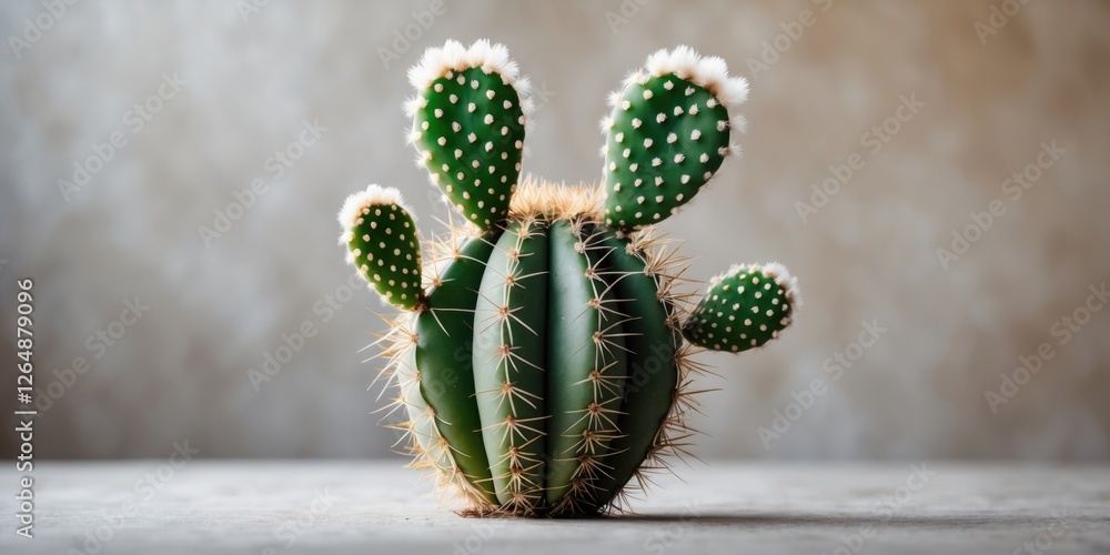Poster cactus with blooms and green pads on a neutral background with copy space for text